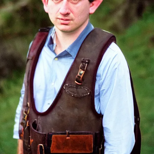 Image similar to close up headshot of a frowning clean shaven pudgy British lad with short curly dark brown hair as a hobbit wearing a white men's crossbody sling chest bag and blue vest, blue vest!! white crossbody chestbag!! high resolution film still, by Lara Jade