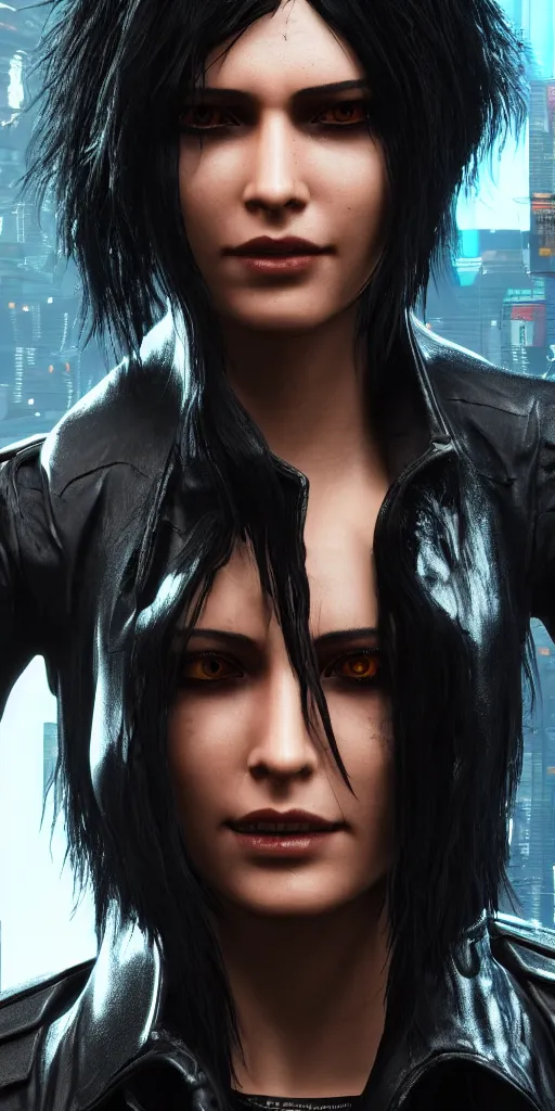 Image similar to black haired woman in a trench coat in a black cyberpunk 2 0 7 7, intricate, highly detailed, face enhance, realistic
