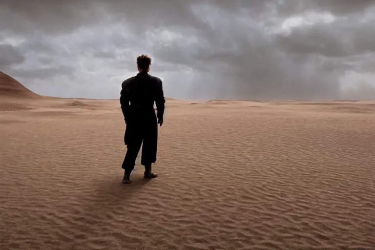 Image similar to a cinematic wide angle shot of a man in his early twenties, in the 2 0 2 1 movie dune, stormy weather, dry, film still, cinematic, dramatic lighting, by zack snyder