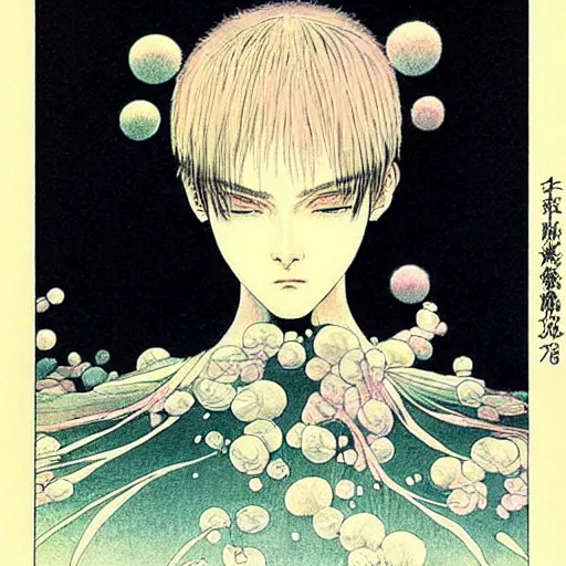 Image similar to prompt: Fragile looking soft light portrait face drawn by Takato Yamamoto and Katsuhiro Otomo, inspired by Ghost in Shell anime, magical and alchemical objects on the side, soft light, intricate detail, intricate ink painting detail, sharp high detail, manga and anime 2000