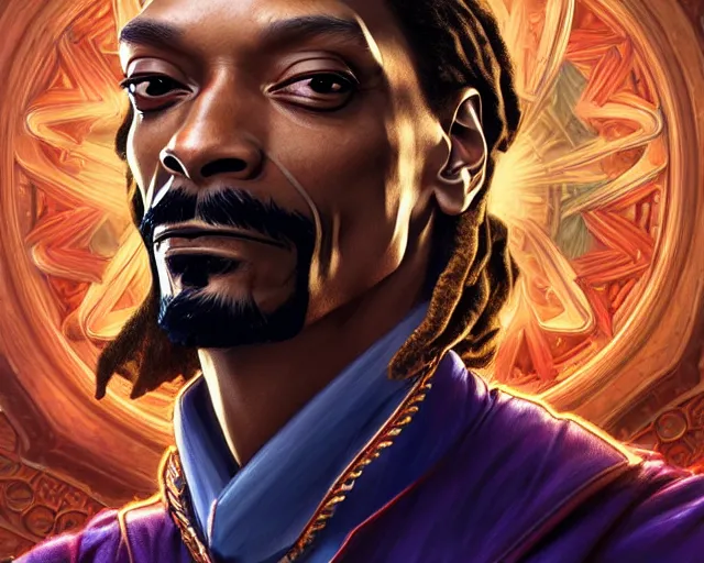 Image similar to snoop dogg doctor strange, refractions, fantasy, intricate, elegant, highly detailed, digital painting, artstation, concept art, matte, sharp focus, illustration, hearthstone, art by artgerm and greg rutkowski and alphonse mucha