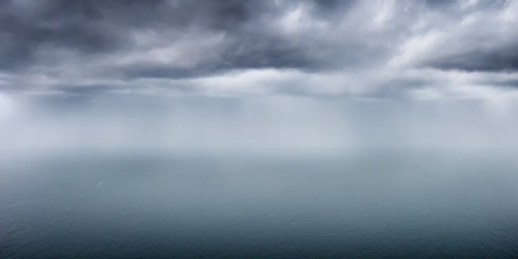 Image similar to ultra wide angle aerial photograph over lake erie, grey clouds, stormy, water spouts, creepy