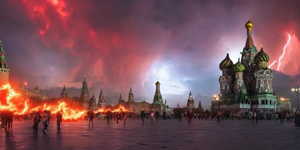 Image similar to a fiery thunderstorm with a tornado over red Square in Moscow, lot of people running and crying, photorealistic, 4k, unreal engine 5, trending on artstation, artstationHD