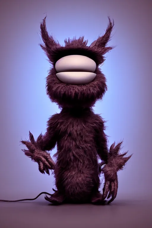 Image similar to 3 d model of a furry evil muppet monster with glowing eyes by jim henson and alexander jansson : 1 | centered, spectral color, electric color, rolling hills : 0. 9 | fantasy : 0. 9 | by dave melvin : 0. 4 | unreal engine, deviantart, artstation, octane, finalrender, concept art, hd, 8 k resolution : 0. 8