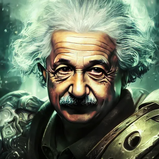 Image similar to portrait of albert einstein as a spellcaster, league of legends amazing splashscreen artwork, gears of war, splash art, natural light, elegant, photorealistic facial features, intricate, fantasy, detailed face, atmospheric lighting, anamorphic lens flare, cinematic lighting, league of legends splash art, hd wallpaper, ultra high details by greg rutkowski