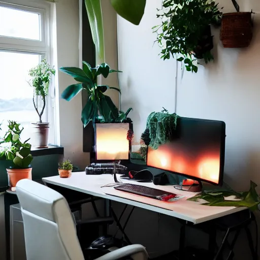 Image similar to a cozy HYGGE gaming station, dim lights, many plants, night