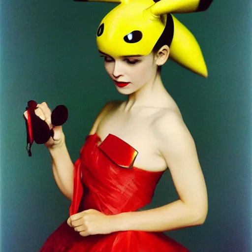 Prompt: elegant woman dressed up as pikachu, art photo by Annie Liebovitz and Alphonse Mucha, glossy, sharp, clean, old fashion
