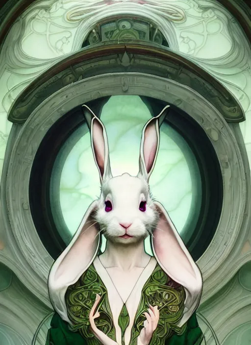 Prompt: close up portrait of anthropomorphized white rabbit, long floppy ears by artgerm, cushart krenz, greg rutkowski, mucha. art nouveau. gloomhaven, swirly liquid ripples, green tones, vibrant colors, sharp edges. ultra clear detailed. 8 k. elegant, intricate, octane render