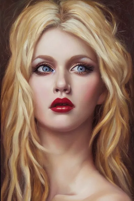 Prompt: realistic oil painting of a beautiful blonde girl, exquisite detail, hyper realism, ornate, slightly voluptuous, exquisite detail, cute face, goth girl aesthetic, fit