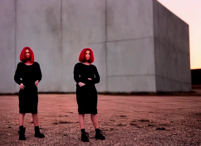 Image similar to cinestill 5 0 d closeup photographic portrait of two clones in front of a brutalist metal building, techwear women, on a desolate plain with a red sky, black oversized clothes, depth of field, 4 k, 8 k, hd, full color