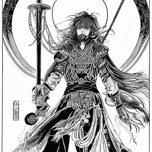 Image similar to highly detailed perspective drawing black and white goetic pen and ink manga panel by hiroya oku!! mucha illustrated sorcerer beautiful attractive long hair ringo starr fxv flowing ritual royal!!! vagabond! manga panel swords dramatic esoteric!!!!!! long hair flowing dancing illustrated in high detail by frank miller, shonen jump