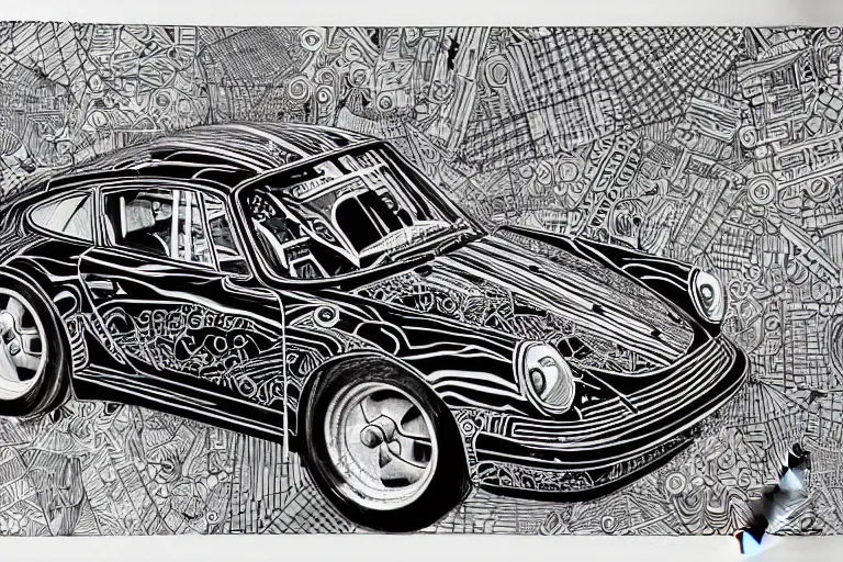 Prompt: a black and white drawing of a porsche 9 1 1, a detailed mixed media collage by hiroki tsukuda and eduardo paolozzi and moebius, intricate linework, sketchbook psychedelic doodle comic drawing, geometric, street art, polycount, deconstructivism, matte drawing, academic art, constructivism