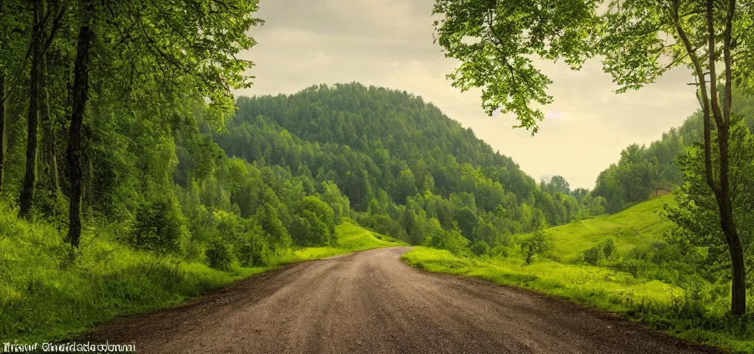 Prompt: The landscape of a green hilly forest somewhere in Germany, a country road is visible, through which a deer runs, ultra detailed