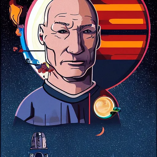 Image similar to picard on the moon eating tacos in a bathroom, ultra realistic, digital art, rich deep colors, smooth shadows, high resolution, cinematic