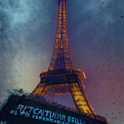 Image similar to A beautiful intricate 8K award-winning ground-level cinematic movie photograph of the future rusting rubble of the fallen and decimated Eiffel Tower, lying in pieces on the ground, surrounded by neon and collapsing corporate video billboard displays. in the year 2050, by Bruno Delbonnel and greg rutkowski. octane render, Arri Alexa 65. Cinematic lighting