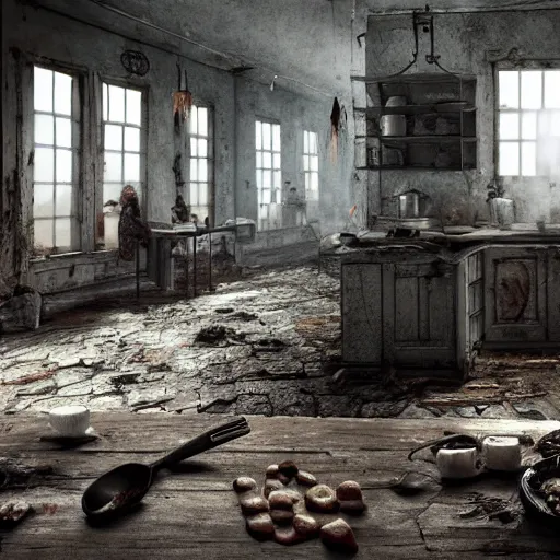 Image similar to kitchen - chef angry rotting zombie, detailled portrait, dilapidated restaurant interior, feeling of grimdark horror, daytime, high contrast, ultra intricate detailed, octane render, unreal engine