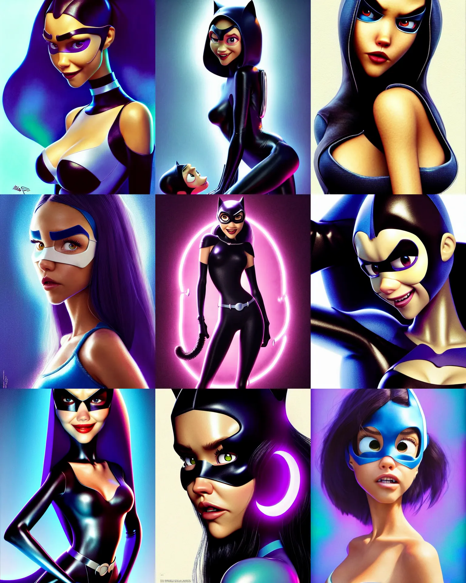 Prompt: pixar movie still portrait photo of madison beer, jessica alba : : as hero catwoman cyborg by pixar : : by greg rutkowski, wlop, rossdraws, artgerm, weta, marvel, rave girl, elaborate jewelry, unreal engine, glossy skin, pearlescent, wet, bright morning, anime, sci - fi, rolling stone magazine cover, : :