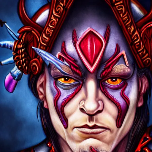 Prompt: detailed, symmetrical, close - up, airbrush art portrait of a level 5 tiefling d & d bard | he has purple skin and red horns | background is black and red