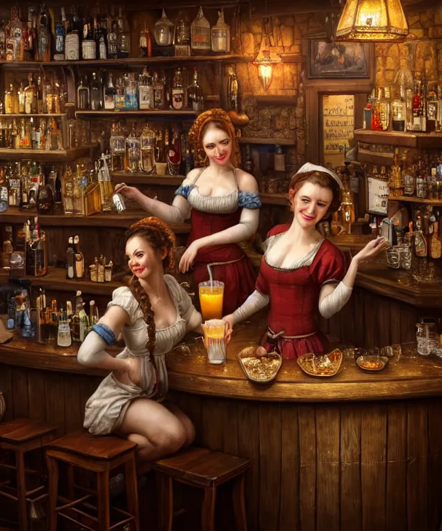 Image similar to hyperrealistic mixed media painting of a beautiful smiling charismatic barmaid, dimly lit cozy tavern, relaxed pose, serving customers at bar, medieval period, stunning 3d render inspired art by Tim Okamura + perfect facial symmetry + dim volumetric lighting, 8k octane beautifully detailed render, post-processing, extremely hyperdetailed, intricate, epic composition, grim yet sparkling atmosphere, cinematic lighting + masterpiece, trending on artstation, very very detailed, masterpiece, stunning