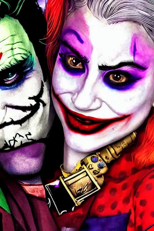 Image similar to joaquin phoenix as joker and lady gaga as harley quinn, remove duplicate content!!!!, violet polsangi pop art, gta chinatown wars art style, bioshock infinite art style, incrinate, realistic anatomy, hyperrealistic, two colors, white frame, content balance proportion