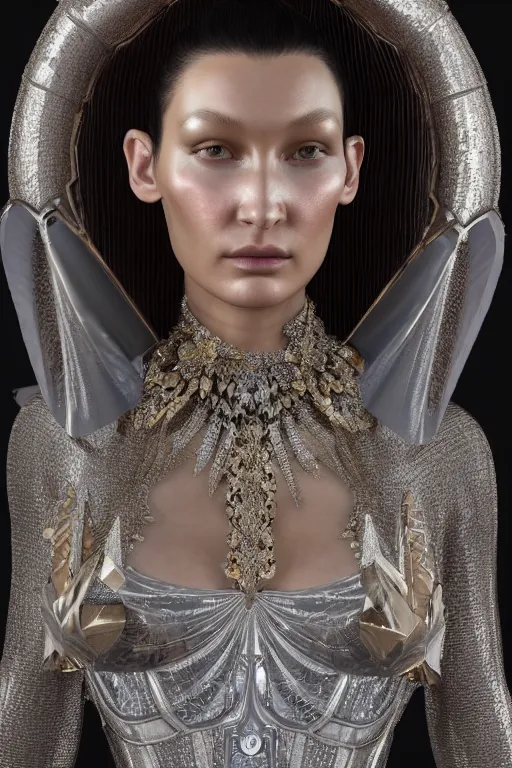 Image similar to a highly detailed 4 k render of a beautiful alien goddess bella hadid in iris van herpen dress metallic schiaparelli in diamonds and jewelry in style of alphonse mucha trending on artstation made in unreal engine 4