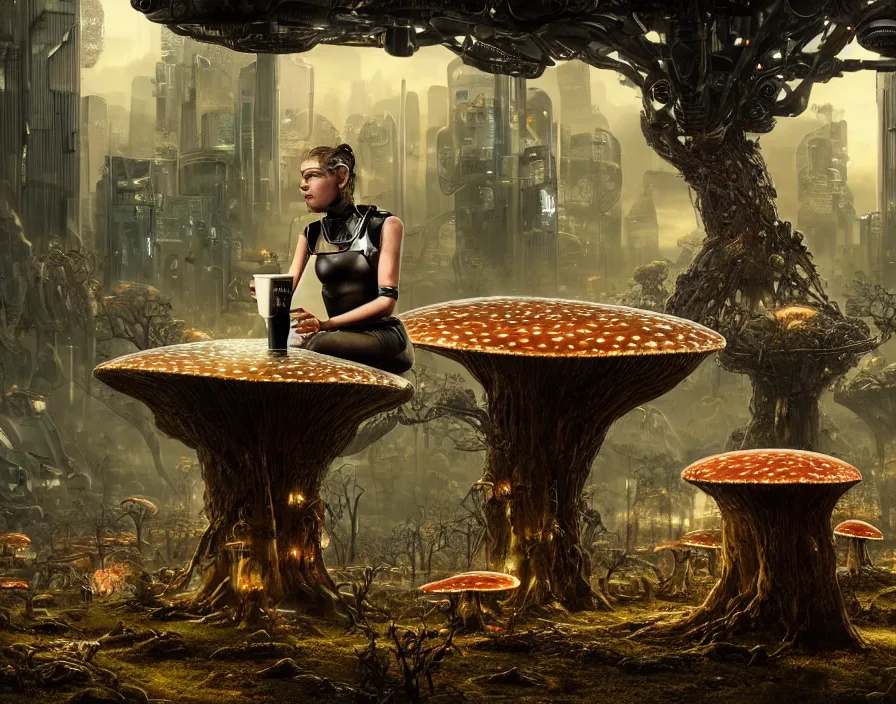 Image similar to photo of an intricate and sophisticated terminator woman with borg enhancements sitting on a giant mushroom in a weird magical forest and drinking a cup of tea. Very detailed 8k. Fantasy cyberpunk horror