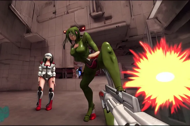 Image similar to an anime girl in a screenshot of the video game doom, the anime girl is crouching