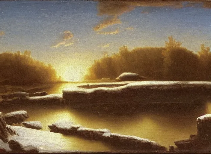 Prompt: the european steppes frozen over and the water lowered during the last ice ages, in the style of hudson river school of art, oil on canvas