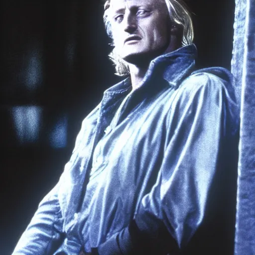 Prompt: rutger hauer, 1 9 8 7, dark room, blue, movie still