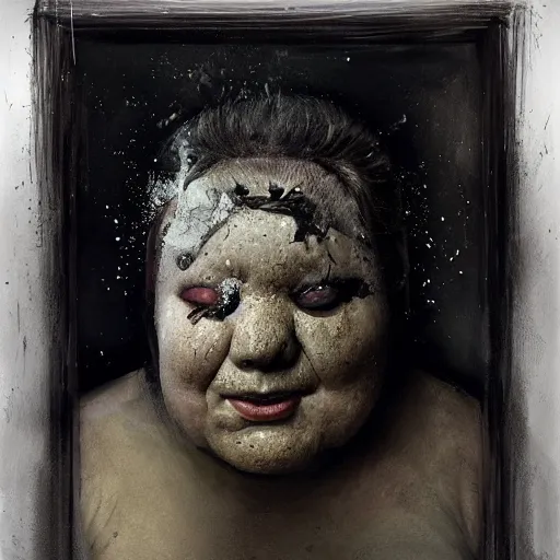 Image similar to portrait of the face of big fat old sumoringer as despair from sandman, venus of willendorf, by jeremy mann, by gregory crewdson, by bastien lecouffe deharme, by russ mills, sad face, topknot, black hair, mourning, black eyes, white room, soft lightning, high detailed, 8 k