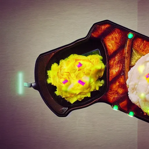 Image similar to neon gaming LED porkchops and mashed potatos, HD, trending on artstation, instagram post, -H 640