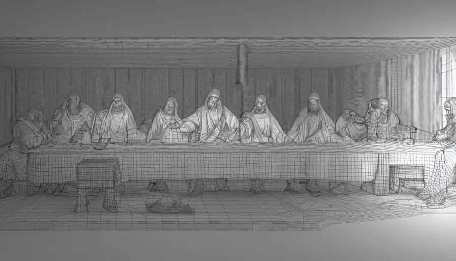 Prompt: 3 d model of the last supper, octane render, rendered lighting, polygons, wireframe