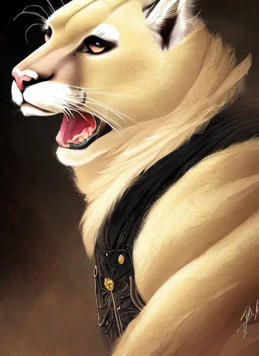 Image similar to award winning beautiful portrait commission of a male furry anthro albino mountain lion with a beautiful hyperdetailed attractive outfit and face wearing a golden and black rockstar outfit on a stage. Character design by charlie bowater, ross tran, and makoto shinkai, detailed, inked, western comic book art