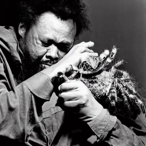 Image similar to charles mingus cradling a big hairy spider, professional photograph