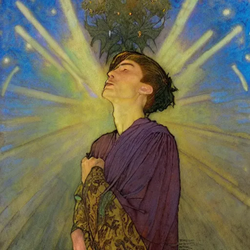 Image similar to the flower prince, by jessie willcox smith and donato giancola and nicholas roerich, symbolist, tattoos, dramatic lighting, elaborate geometric ornament, art brut, god rays, soft cool colors, smooth, sharp focus, extremely detailed