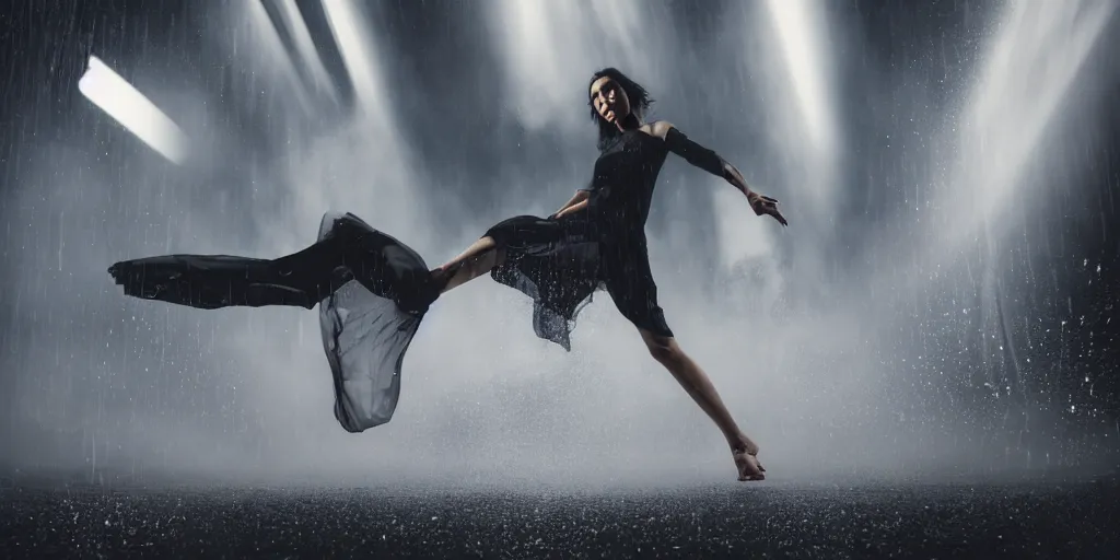 Image similar to slow motion with trail effect of futuristic break dancer wearing floating long dress, long exposure shot , at night in the middle of a rainy street, paddle of water, steam, fog, water splashes, rim lights, glossy reflections, water droplets on lens, octane render, dark and dramatic, detailed and soft, 10mm fisheye