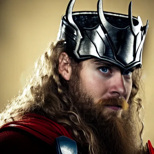 Prompt: man with a crown, smirk, photograph, black backgrounds, glowing red eyes, thor