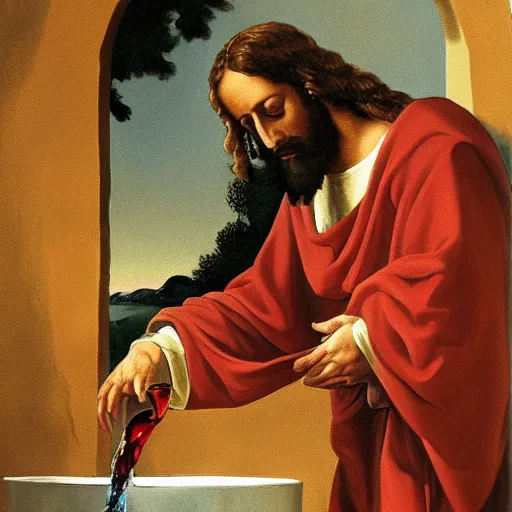 Prompt: painting of jesus turning water into wine