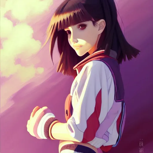 Image similar to a beautiful! boyish! natalie portman alluring gravure! model, wearing oversized mayan bomber jacket and leotard with overalls, bulky poofy bomber jacket with mayan patterns, aztec street fashion, gapmoe yandere grimdark, trending on pixiv fanbox, painted by greg rutkowski makoto shinkai takashi takeuchi studio ghibli