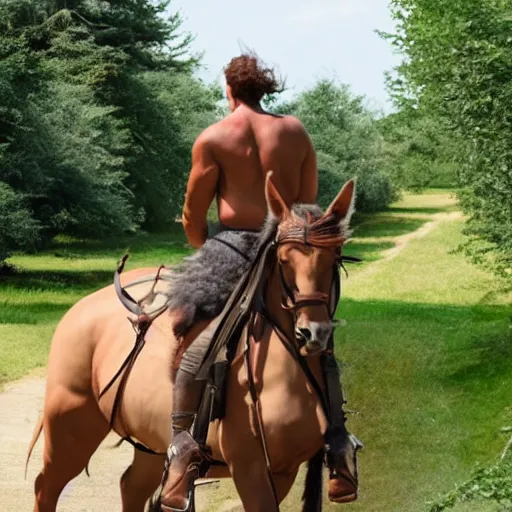 Prompt: a centaur walking along. On the back of the centaur is a human riding it.