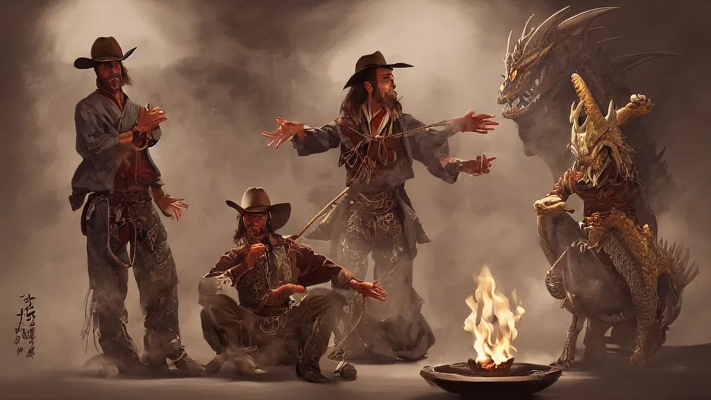 Image similar to Tea ceremony between a Western cowboy and a dragon, high fantasy concept art by Mark Winters