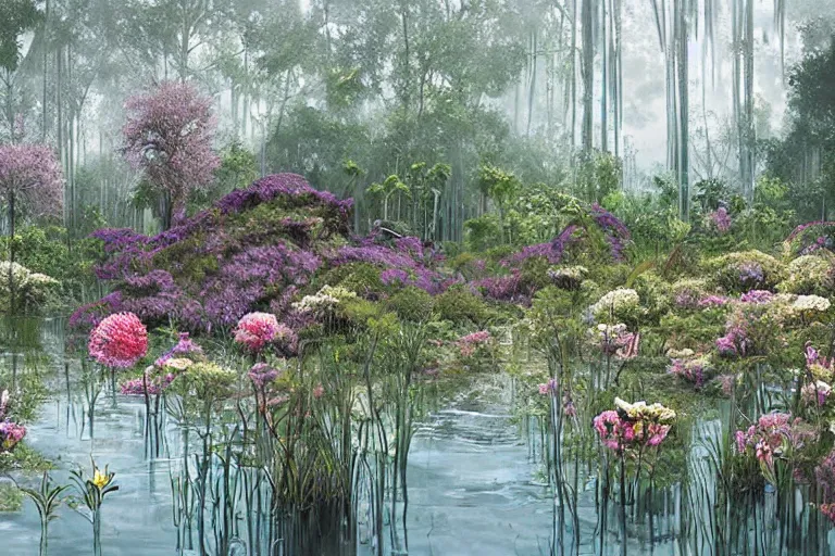 Image similar to hyperrealism, scene from louisiana swamps, starship, spring blooming flowers garden, true detective, 8 0 s japanese sci - fi books art