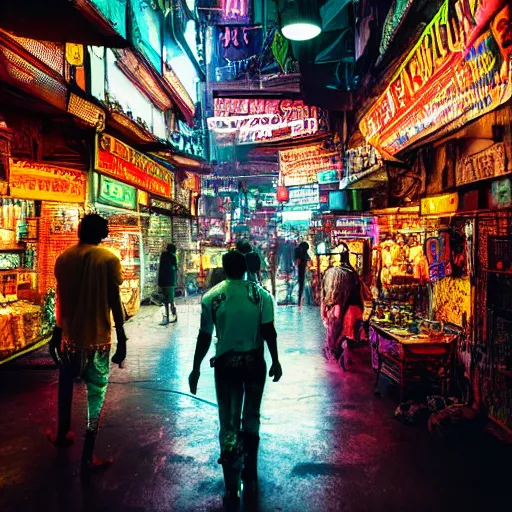 Image similar to cyberpunk black indian market, indoor in the style of blade runner, low neon lights and dim displays, crowded with cyborgs photorealistic, artistic photography, grainy ruined film, dark color scheme, ray tracing, unreal engine, 4 k