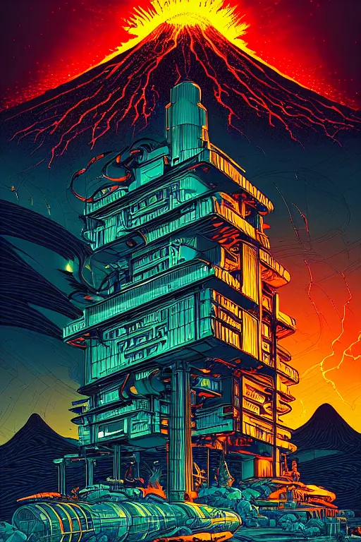 Prompt: artwork by kilian eng and ( dan mumford ) and toshi yoshida and franklin booth showing a futuristic powerstation!! in front of a ( ( exploding volcano ) ), vintage scifi, high details, dramatic lightning,, 8 k