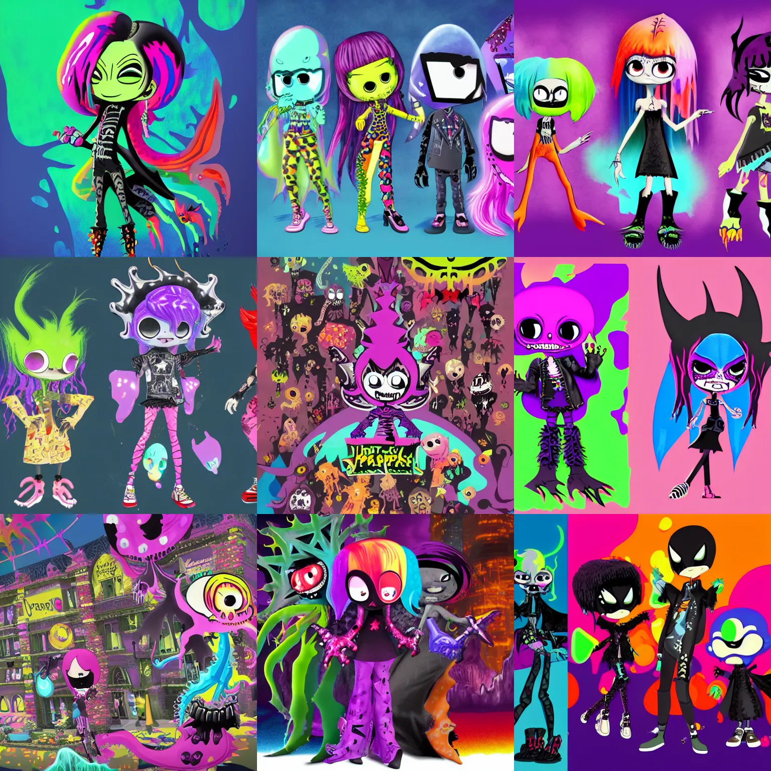 Image similar to lisa frank gothic emo punk vampiric rockstar vampire squid with translucent skin concept character designs of various shapes and sizes by genndy tartakovsky and the creators of fret nice at pieces interactive and splatoon by nintendo for the new hotel transylvania film starring a vampire squid kraken monster