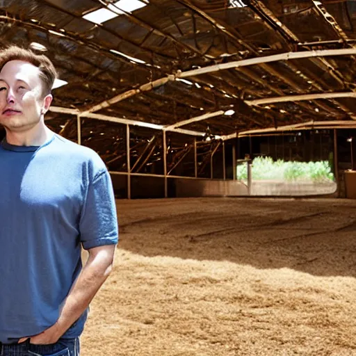 Image similar to Elon musk standing in front of a Barndominium, large metal home