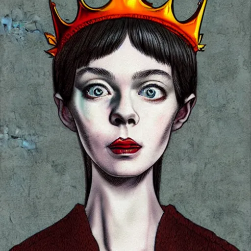 Image similar to a horror hyper real illustration of Elle Fanning with a crown by Junji Ito