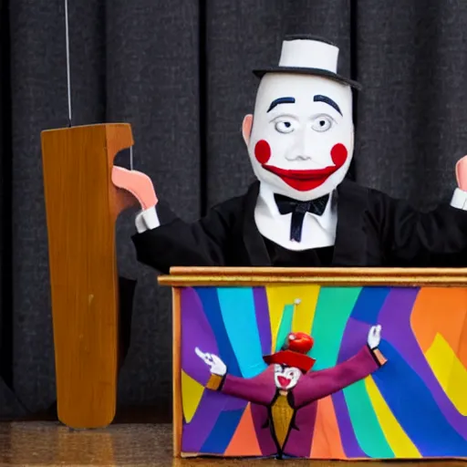 Image similar to puppet show of a string marionette of a president with clown face in a podium