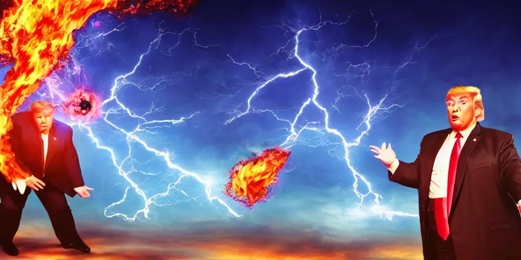 Image similar to obese donald trump casting fireballs, colorful hd picure, lightning in the background