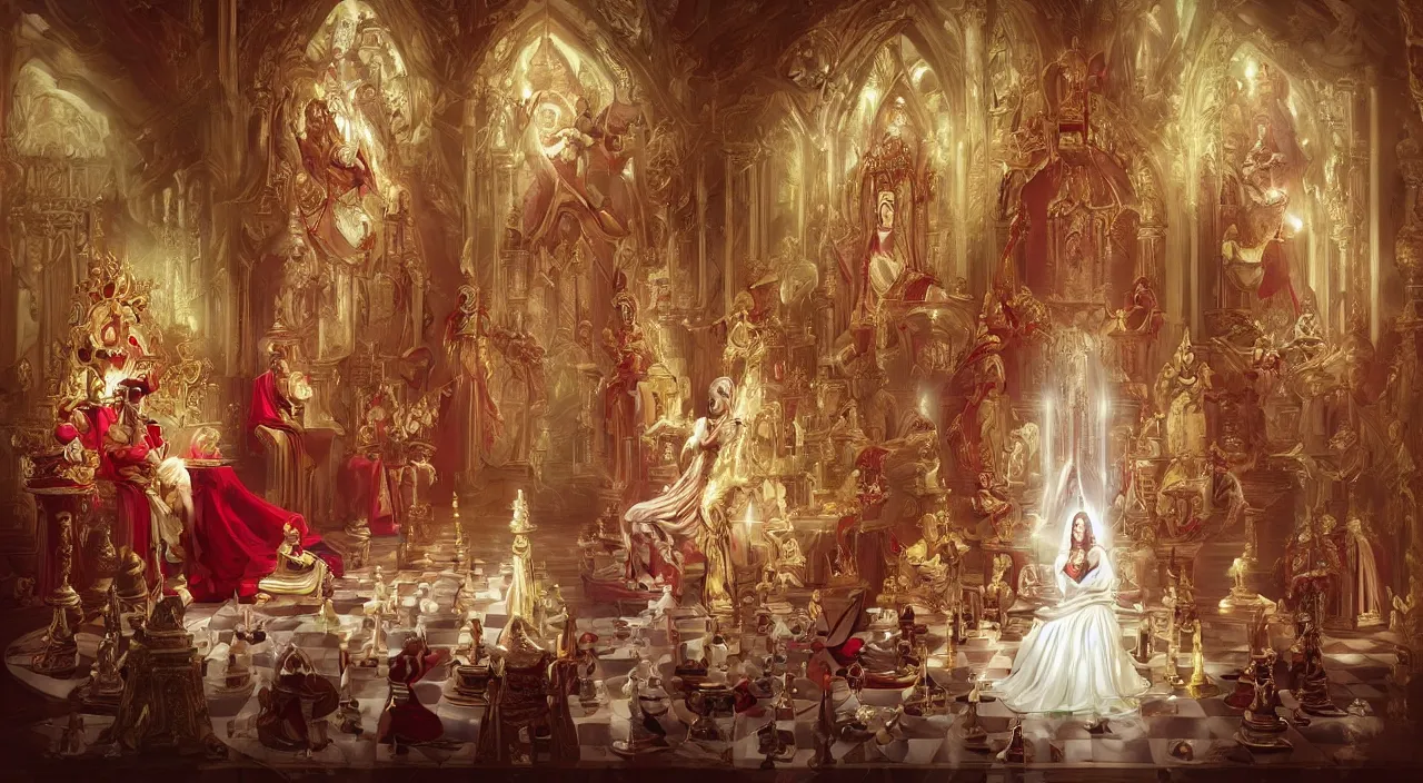 Prompt: divinity painting of throne room with chess ground and the queen sit with long white dress a ruby and white colone like Rom temple stained glass matte Photorealistic cinematic artstation fanart contrast by Jason Felix by Steve Argyle by Tyler Jacobson by Peter Mohrbacher shapen focus instagram filter overlay HDR